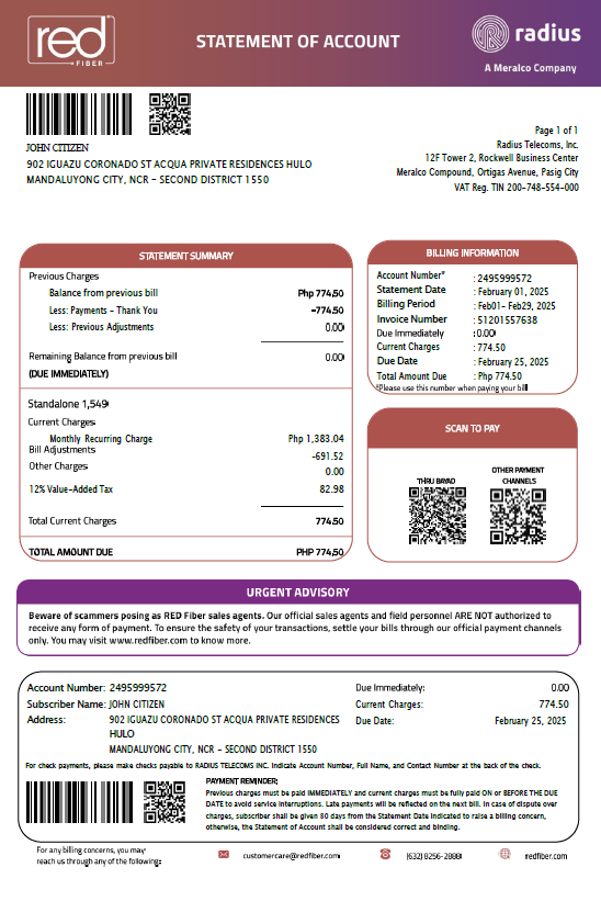 Philippines Red Fiber utility bill template in Word and PDF formats